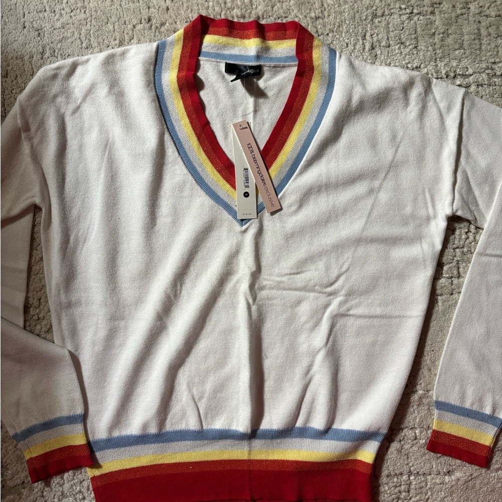 Aqua V-Neck Sweater with Red, Yellow, and Blue Stripes